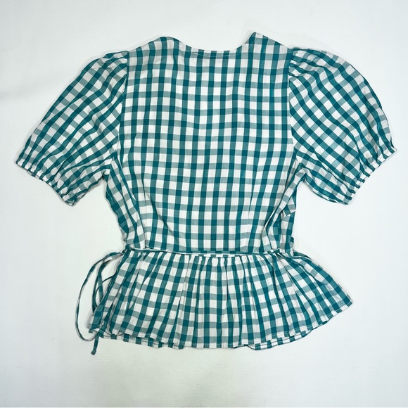 LOFT Gingham Wrap Top Peplum Short Sleeves Green Check Plaid Size Medium - Picture 6 of 8